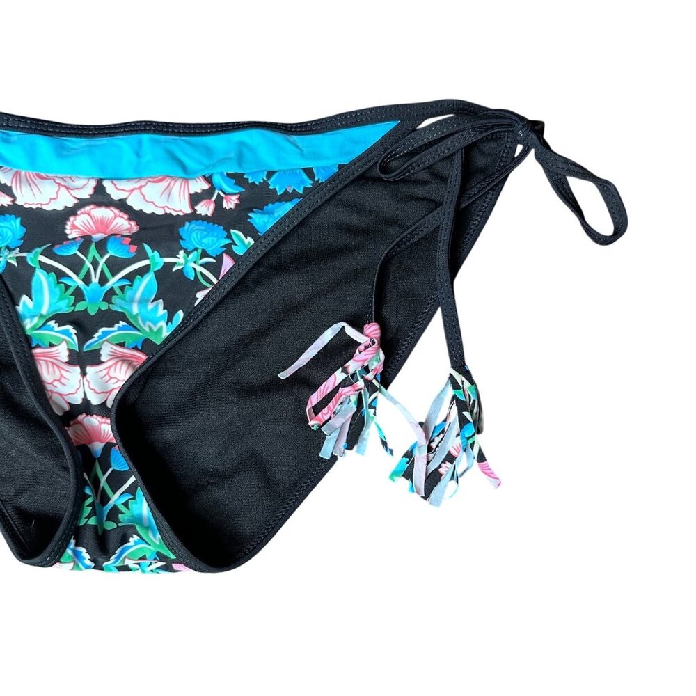 Womens Floral Print Black & Blue Bikini Swim Bottom With Adjustable Side Ties M - Picture 3 of 5